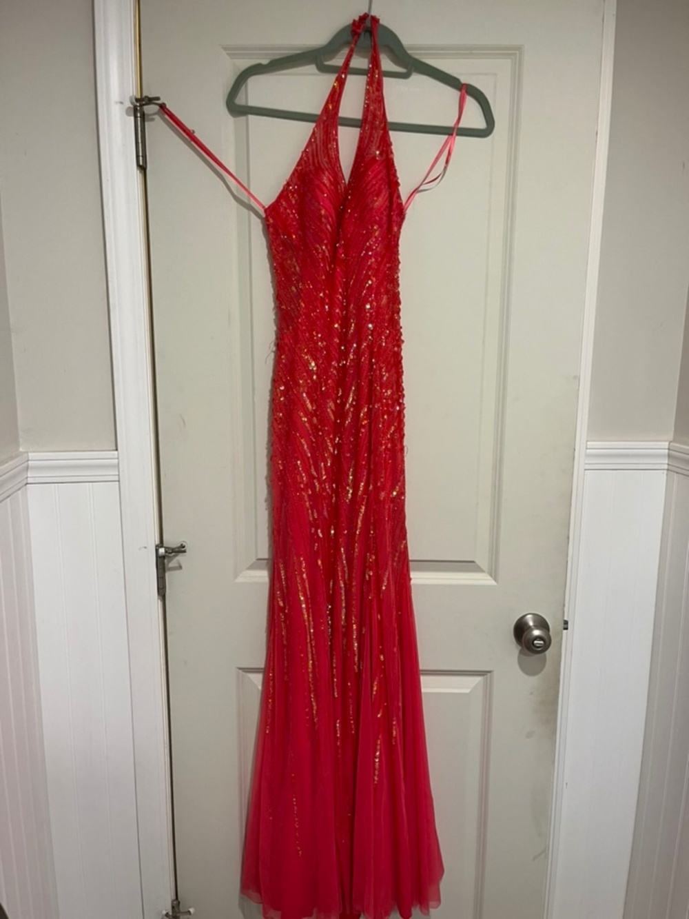 Bright Pink Sequin Prom Dress Halter Neck